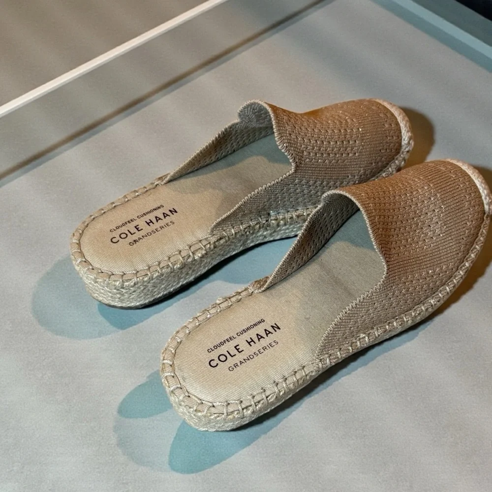 Cole Hawn Cloudfeel Stitchlite Mule Espadrille in Sesame Tan, size 5.5
